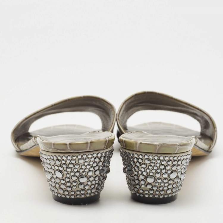 Pre Owned Gina Olive Green Croc Embossed Patent Leather Crystal Embellished Slide Sandals Size 41.5