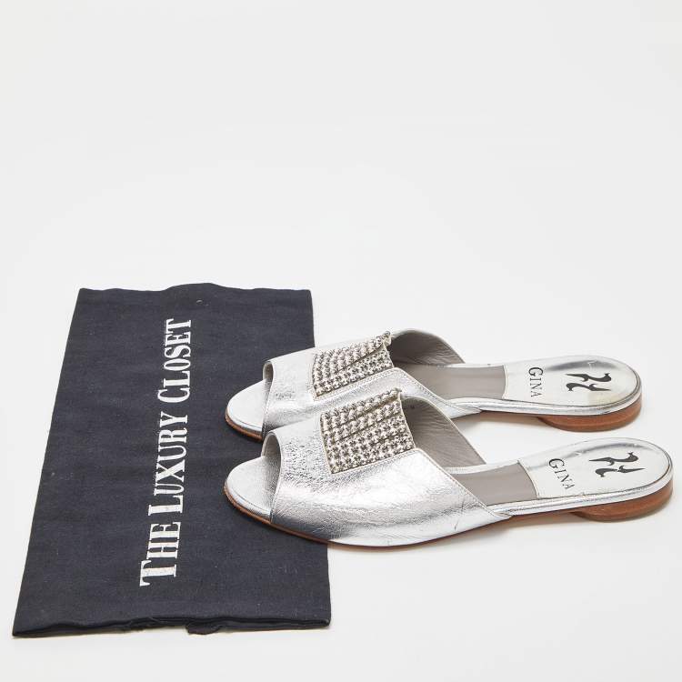 Pre Owned Gina Silver Leather Crystal Embellished Flat Slides Size 37