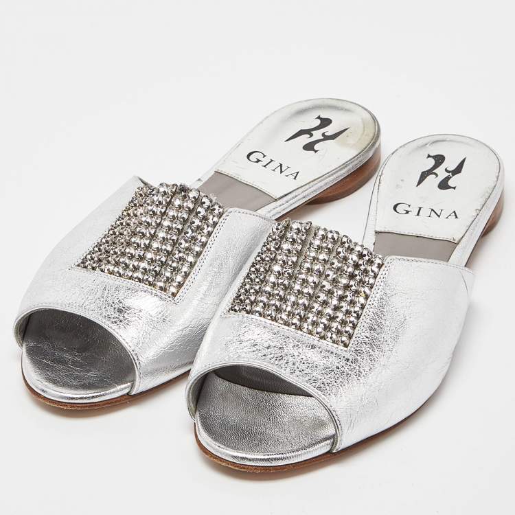Pre Owned Gina Silver Leather Crystal Embellished Flat Slides Size 37