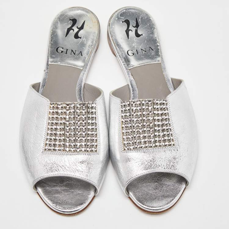 Pre Owned Gina Silver Leather Crystal Embellished Flat Slides Size 37