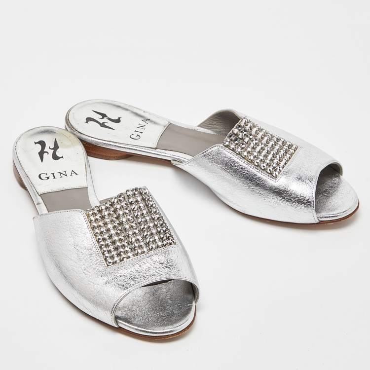 Pre Owned Gina Silver Leather Crystal Embellished Flat Slides Size 37