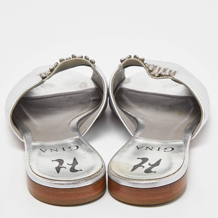 Pre Owned Gina Silver Leather Crystal Embellished Flat Slides Size 37