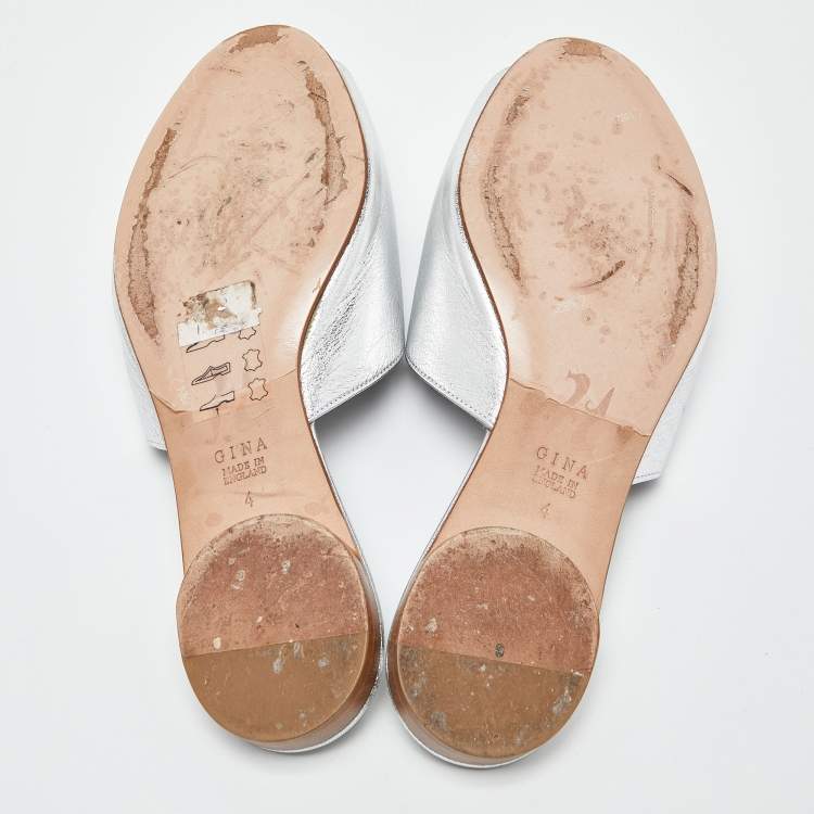 Pre Owned Gina Silver Leather Crystal Embellished Flat Slides Size 37
