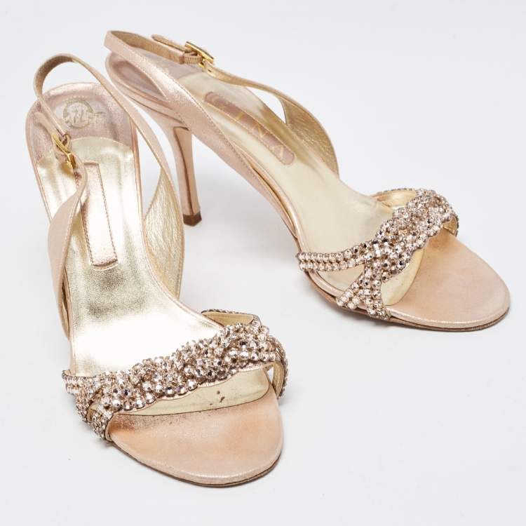 مملوكة مسبقًا Gina Pink Texture Suede Crystal Slingback Sandals Size 39