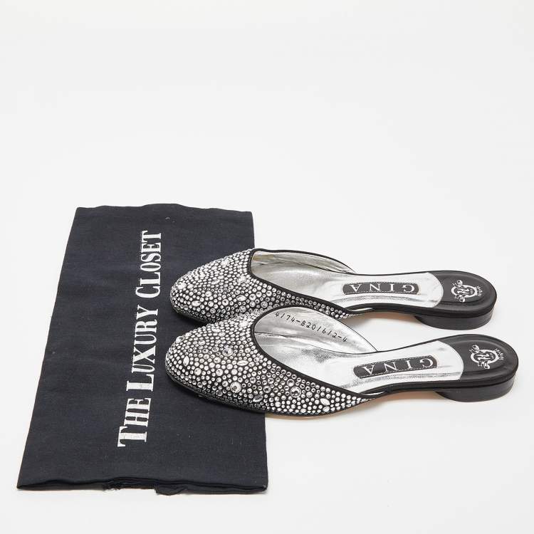 Pre Owned Gina Silver/Black Crystal Embellished Satin Flat Mules Size 37