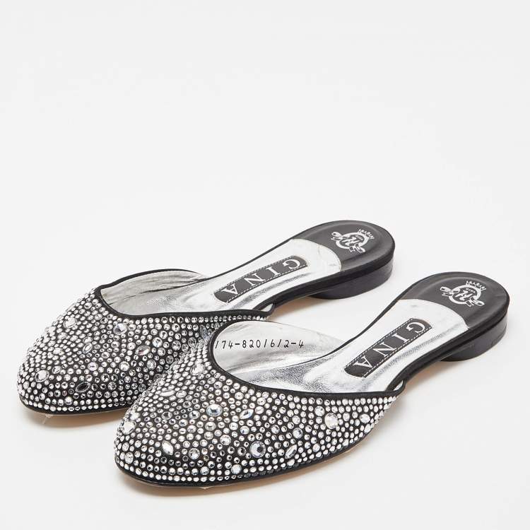 Pre Owned Gina Silver/Black Crystal Embellished Satin Flat Mules Size 37