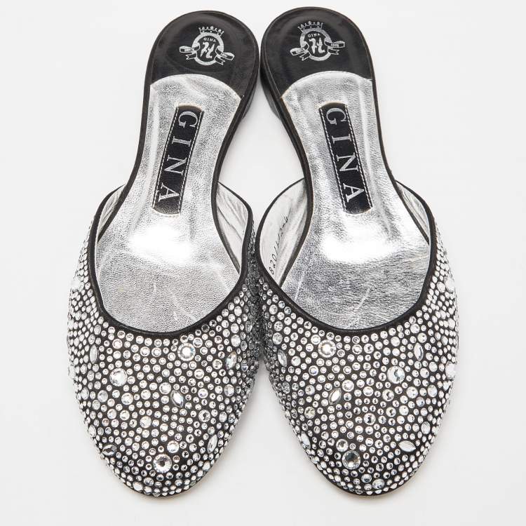 Pre Owned Gina Silver/Black Crystal Embellished Satin Flat Mules Size 37
