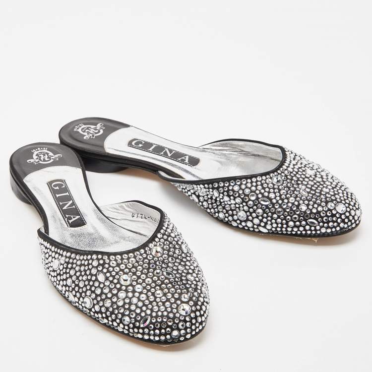 Pre Owned Gina Silver/Black Crystal Embellished Satin Flat Mules Size 37