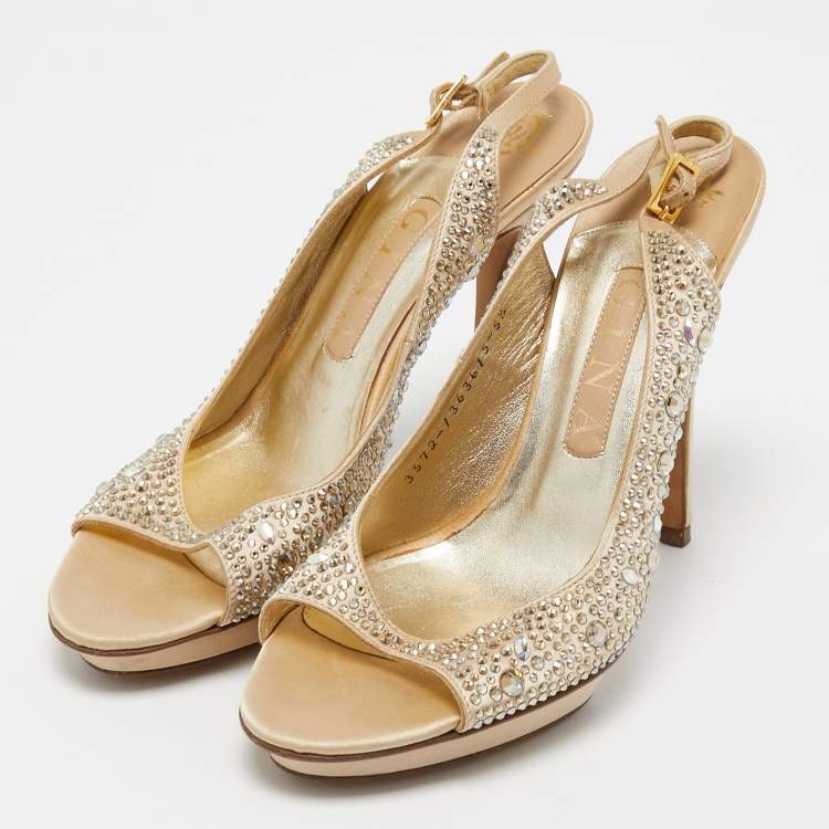 Pre Owned Gina Beige Crystal Embellished Satin Slingback Sandals Size 38.5