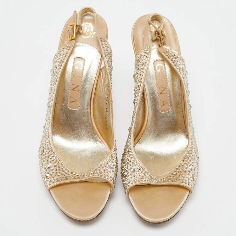 Pre Owned Gina Beige Crystal Embellished Satin Slingback Sandals Size 38.5