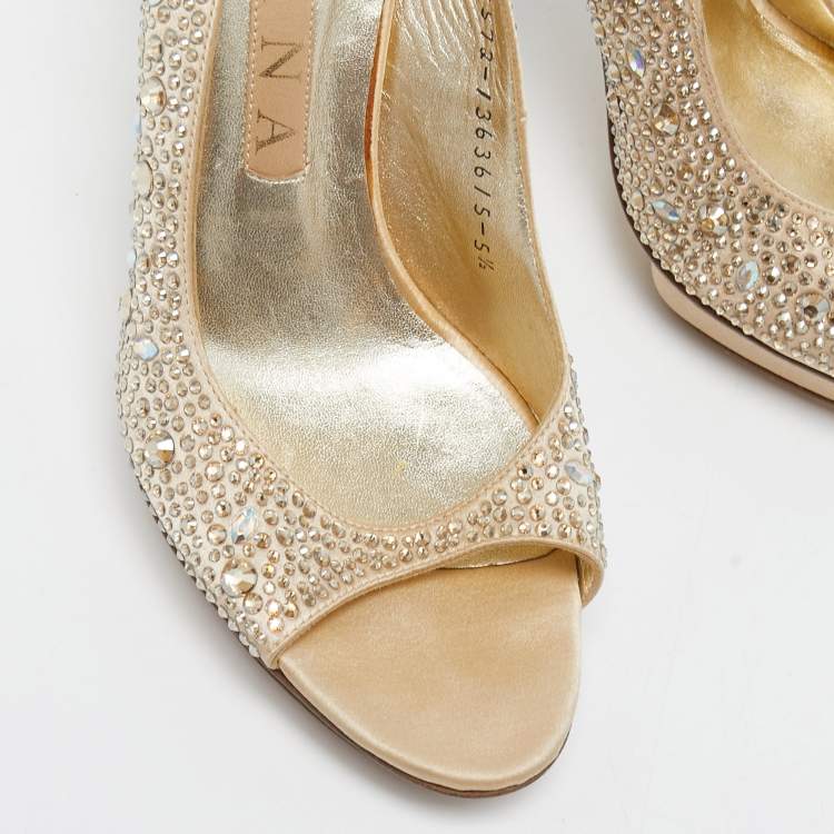 Pre Owned Gina Beige Crystal Embellished Satin Slingback Sandals Size 38.5
