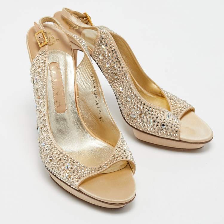 Pre Owned Gina Beige Crystal Embellished Satin Slingback Sandals Size 38.5