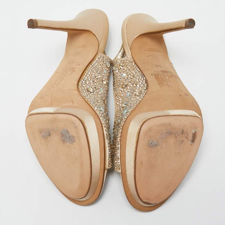 Pre Owned Gina Beige Crystal Embellished Satin Slingback Sandals Size 38.5