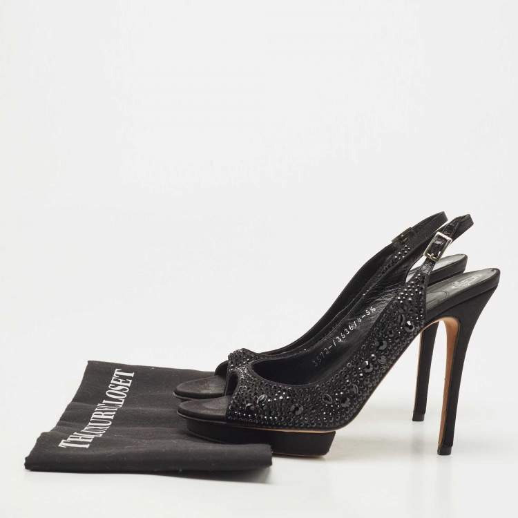 مملوكة مسبقًا Gina Black Crystal Embellished Satin Slingback Sandals Size 38.5