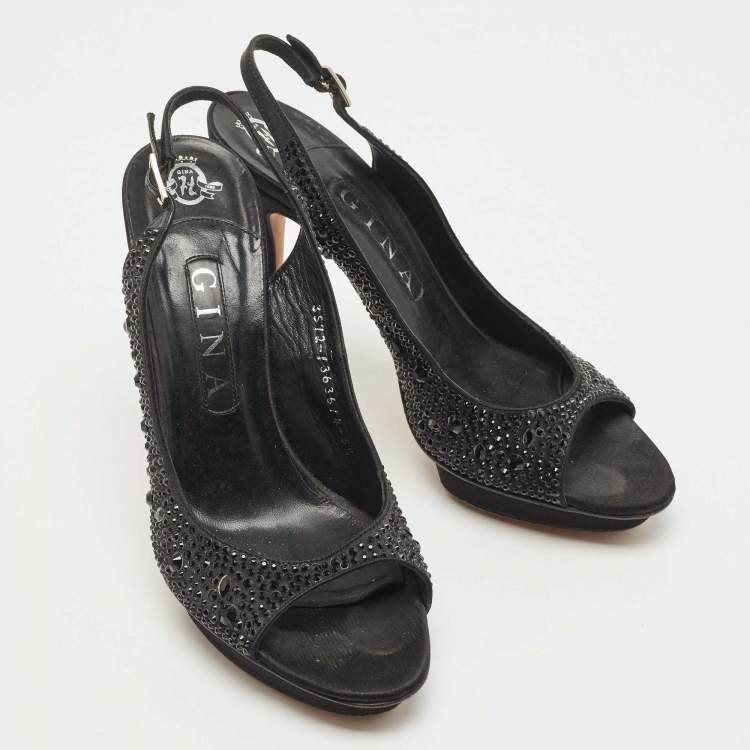 مملوكة مسبقًا Gina Black Crystal Embellished Satin Slingback Sandals Size 38.5
