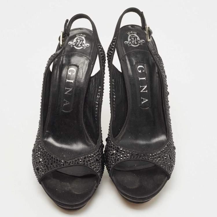 مملوكة مسبقًا Gina Black Crystal Embellished Satin Slingback Sandals Size 38.5