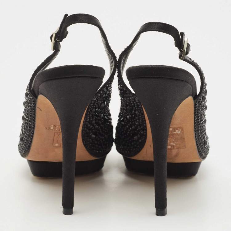 مملوكة مسبقًا Gina Black Crystal Embellished Satin Slingback Sandals Size 38.5