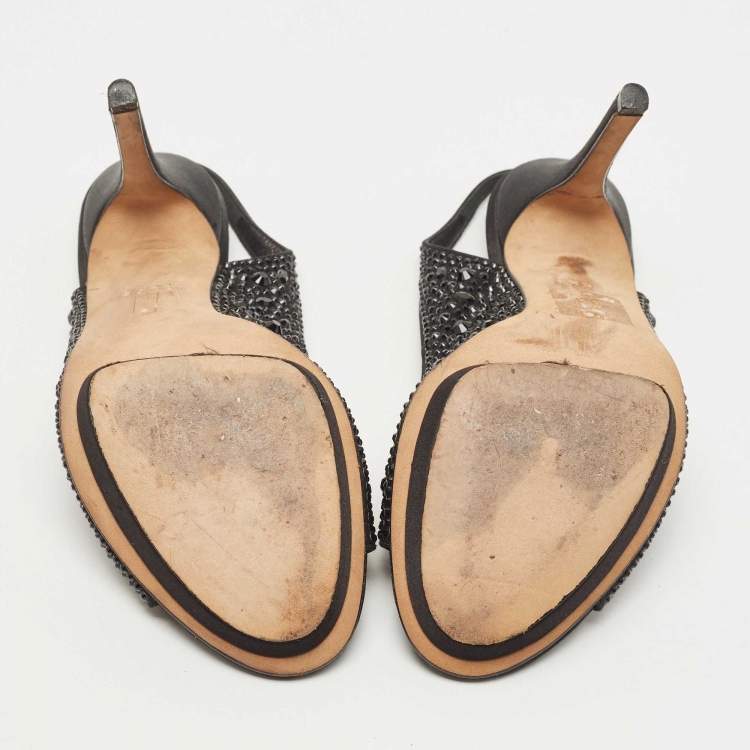 مملوكة مسبقًا Gina Black Crystal Embellished Satin Slingback Sandals Size 38.5