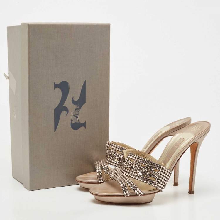 Pre Owned Gina  metallic Bronze Leather Crystal Embellished Sandals Size 39.5