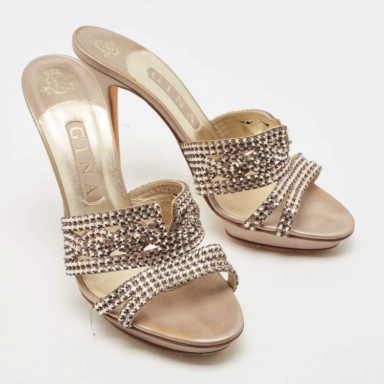 Pre Owned Gina  metallic Bronze Leather Crystal Embellished Sandals Size 39.5