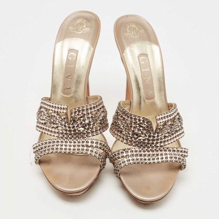 Pre Owned Gina  metallic Bronze Leather Crystal Embellished Sandals Size 39.5