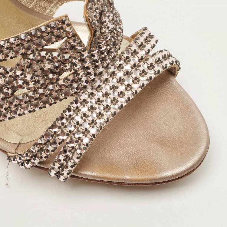 Pre Owned Gina  metallic Bronze Leather Crystal Embellished Sandals Size 39.5