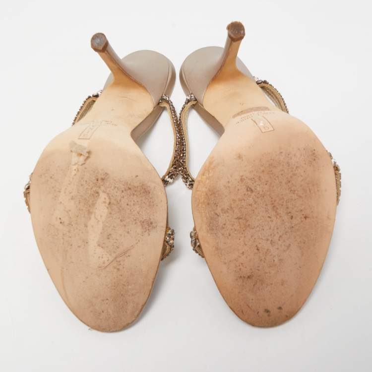 Pre Owned Gina Metallic Gold Leather Embellished Slides Size 37