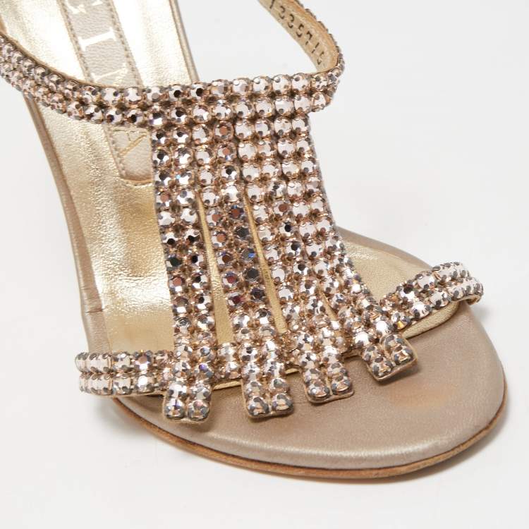 Pre Owned Gina Metallic Gold Leather Embellished Slides Size 37