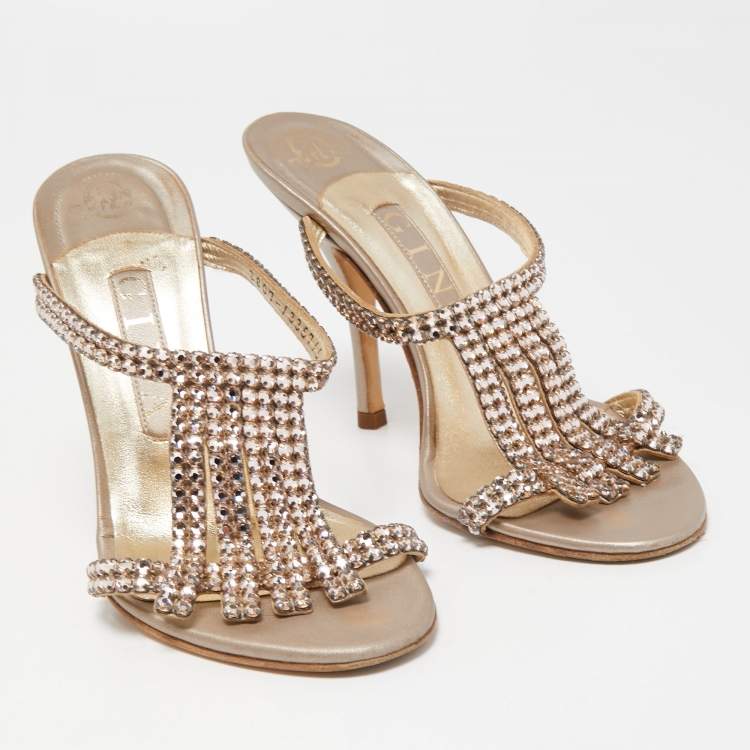 Pre Owned Gina Metallic Gold Leather Embellished Slides Size 37