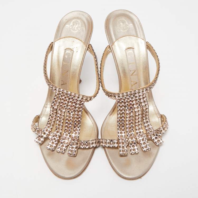 Pre Owned Gina Metallic Gold Leather Embellished Slides Size 37