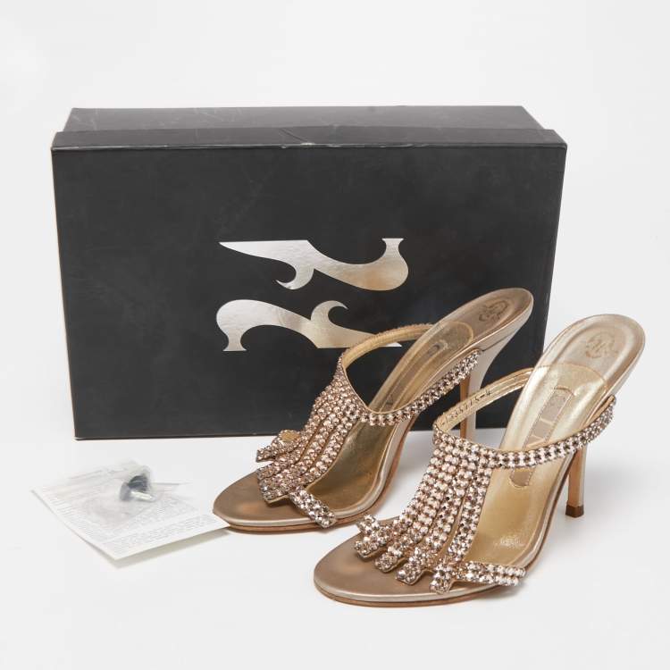 Pre Owned Gina Metallic Gold Leather Embellished Slides Size 37