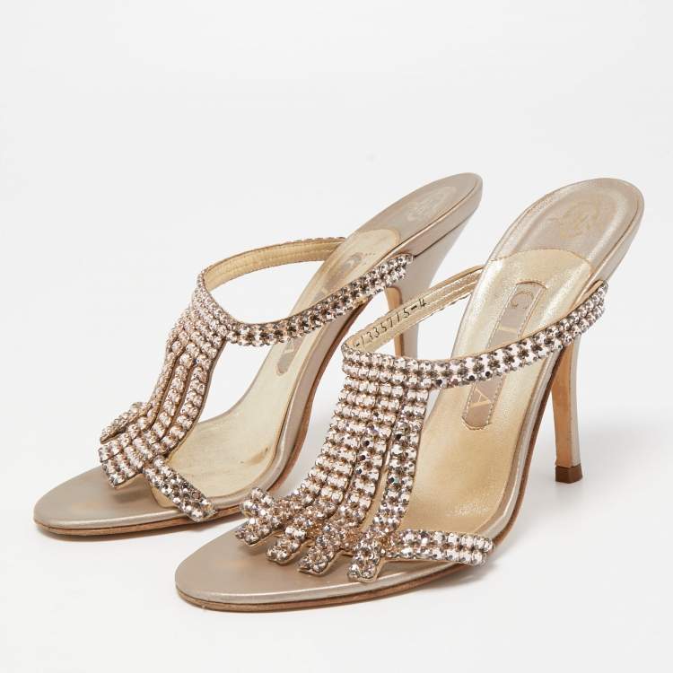 Pre Owned Gina Metallic Gold Leather Embellished Slides Size 37