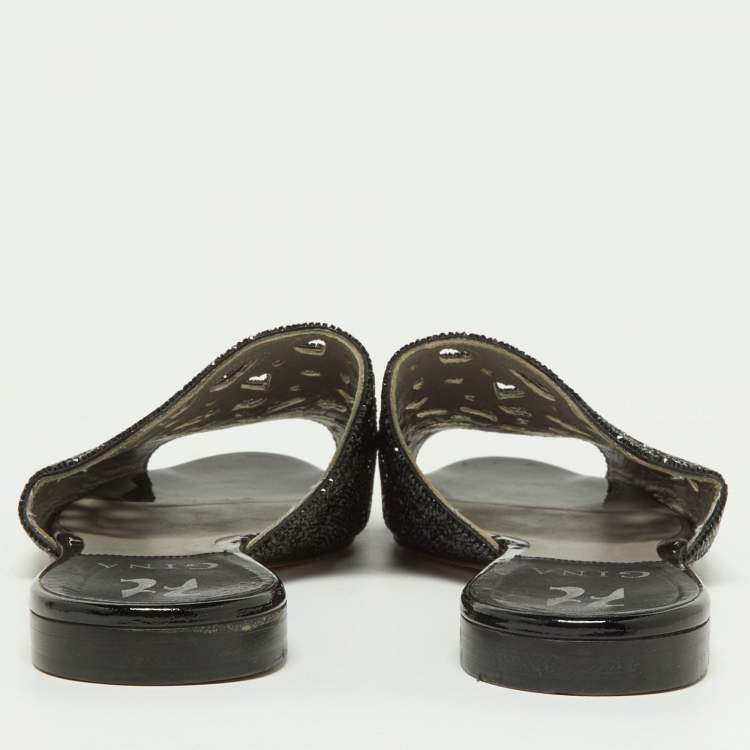 مملوكة مسبقًا Gina Black Crystal Embellished Leather Flat Slides Size 38.5