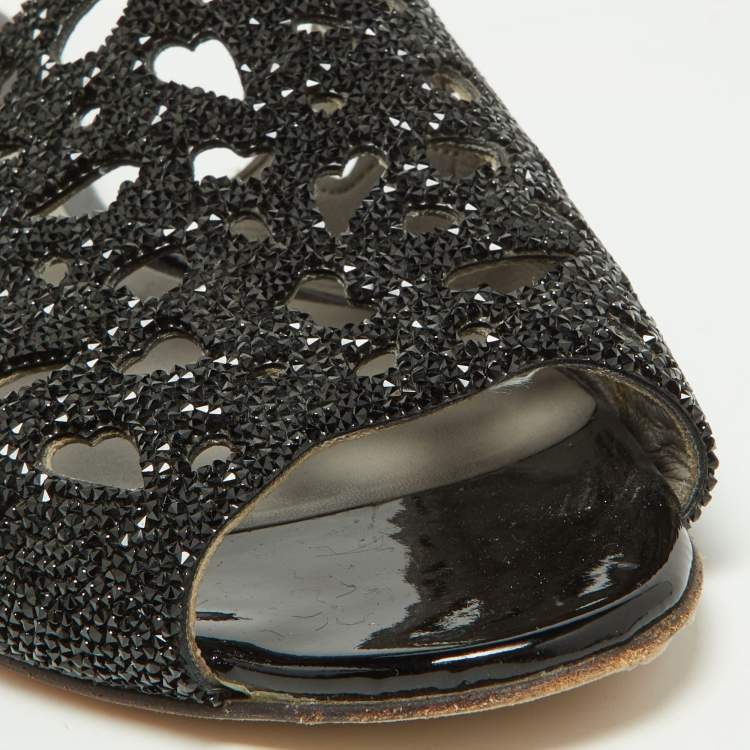 مملوكة مسبقًا Gina Black Crystal Embellished Leather Flat Slides Size 38.5