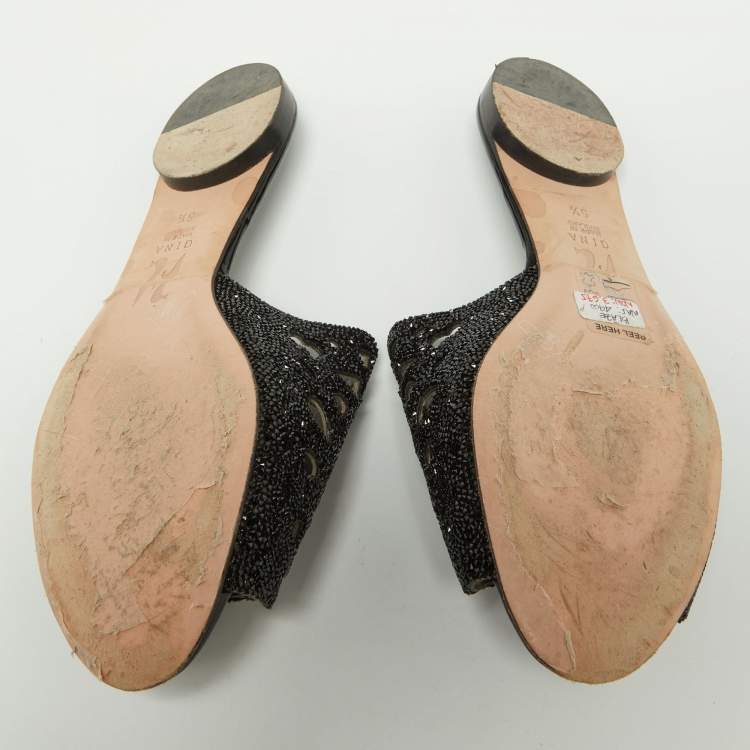مملوكة مسبقًا Gina Black Crystal Embellished Leather Flat Slides Size 38.5