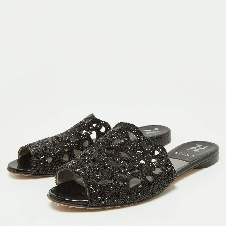 مملوكة مسبقًا Gina Black Crystal Embellished Leather Flat Slides Size 38.5