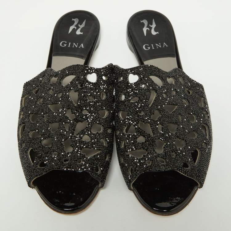 مملوكة مسبقًا Gina Black Crystal Embellished Leather Flat Slides Size 38.5