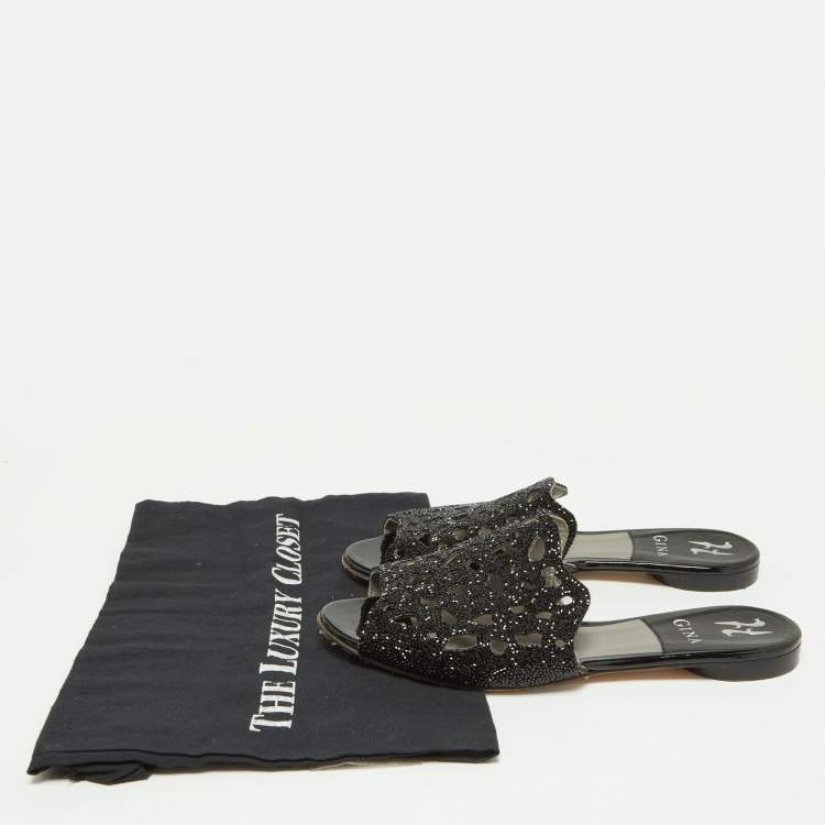 مملوكة مسبقًا Gina Black Crystal Embellished Leather Flat Slides Size 38.5
