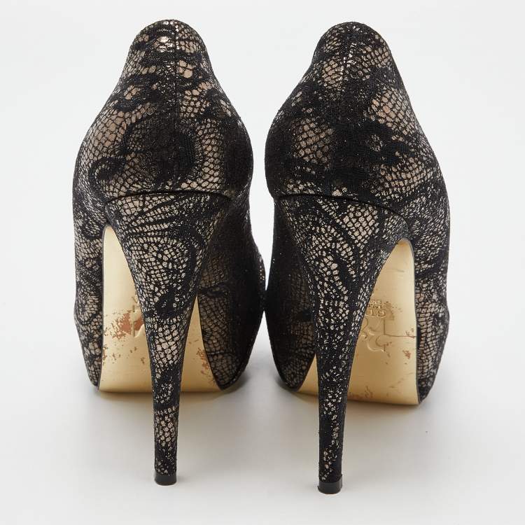Pre Owned Gina Black/Gold Lace and Leather Platform Pumps Size 39.5