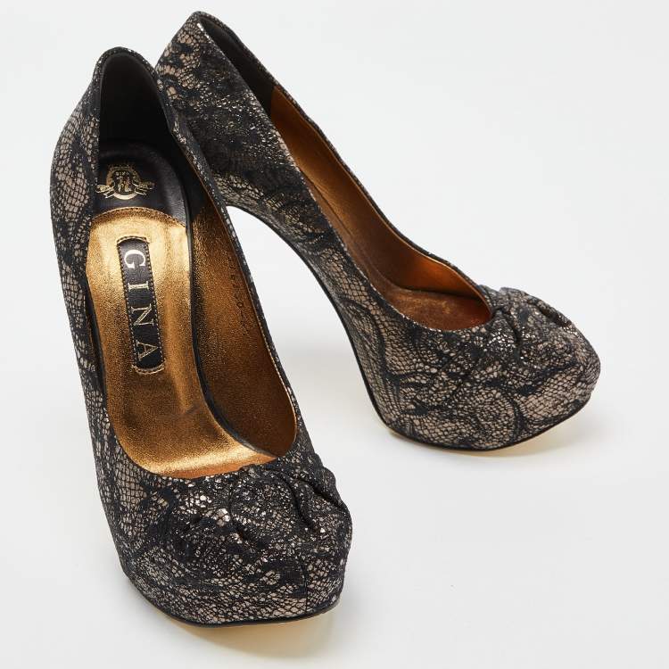 Pre Owned Gina Black/Gold Lace and Leather Platform Pumps Size 39.5