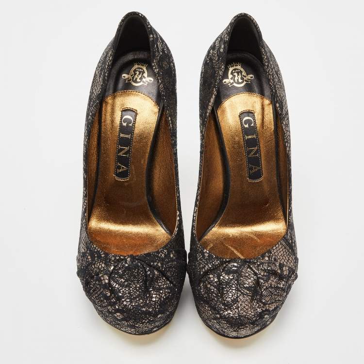 Pre Owned Gina Black/Gold Lace and Leather Platform Pumps Size 39.5