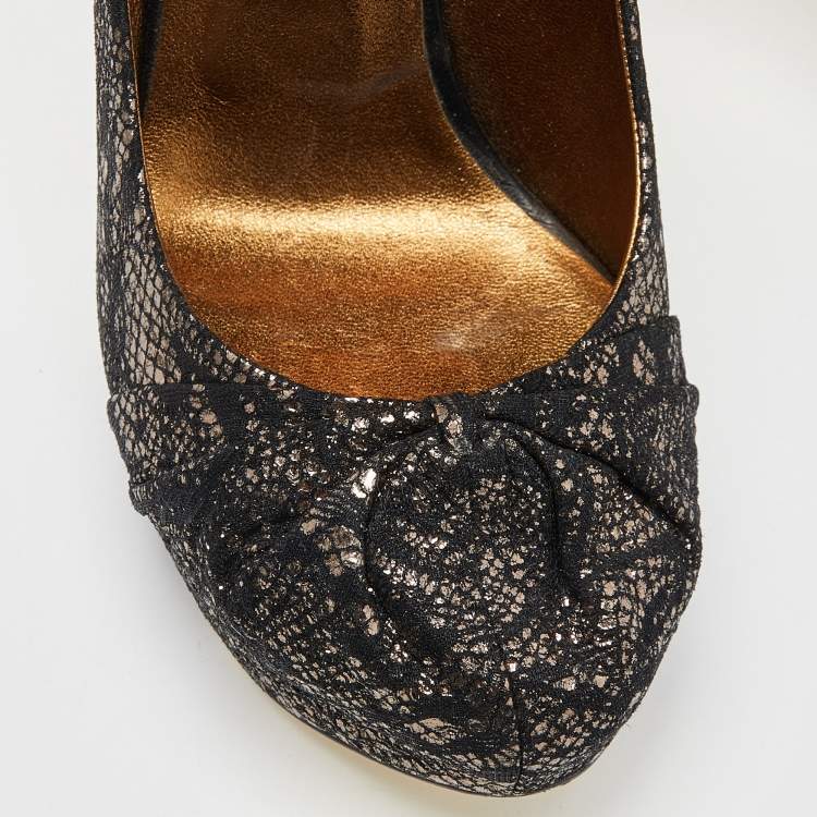 Pre Owned Gina Black/Gold Lace and Leather Platform Pumps Size 39.5