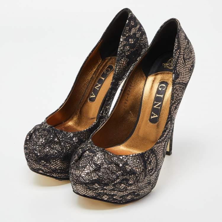 Pre Owned Gina Black/Gold Lace and Leather Platform Pumps Size 39.5