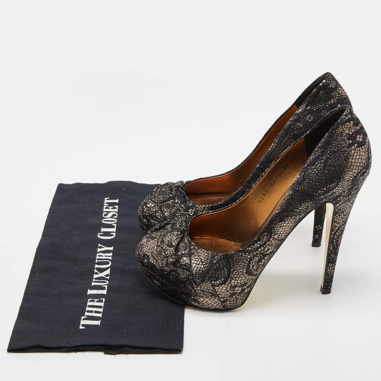 Pre Owned Gina Black/Gold Lace and Leather Platform Pumps Size 39.5