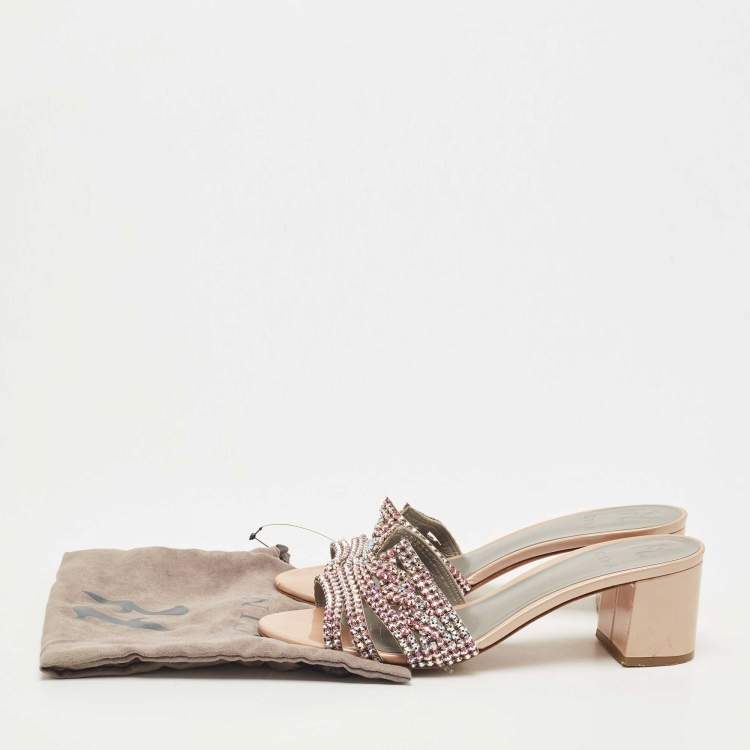 Pre Owned Gina Beige Crystals Embellished Leather Loren Slides Size 40.5