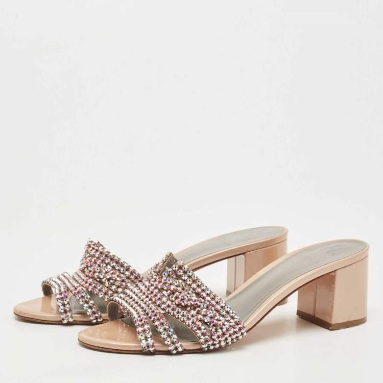 Pre Owned Gina Beige Crystals Embellished Leather Loren Slides Size 40.5