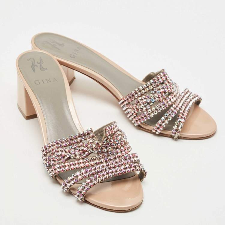 Pre Owned Gina Beige Crystals Embellished Leather Loren Slides Size 40.5