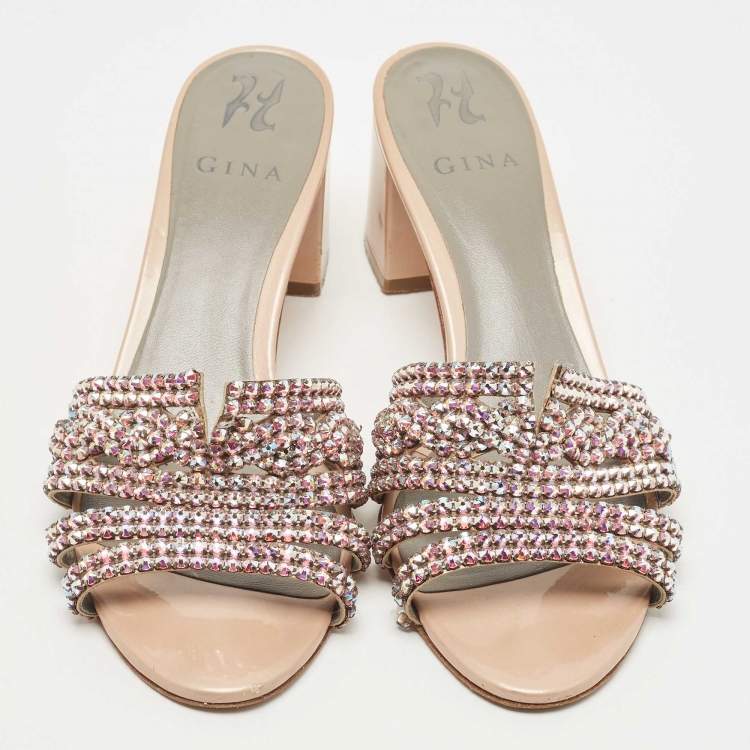 Pre Owned Gina Beige Crystals Embellished Leather Loren Slides Size 40.5