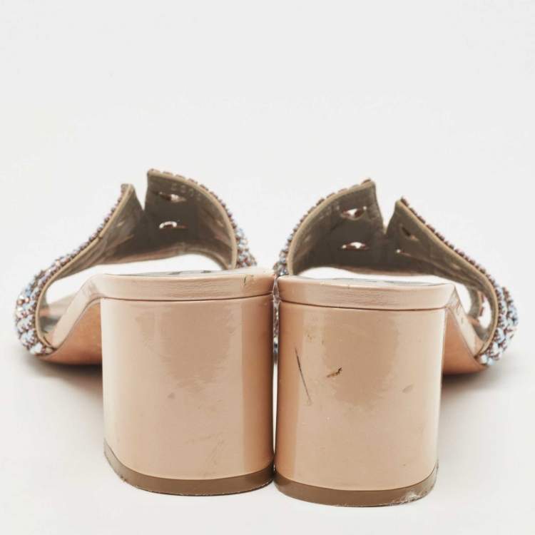 Pre Owned Gina Beige Crystals Embellished Leather Loren Slides Size 40.5