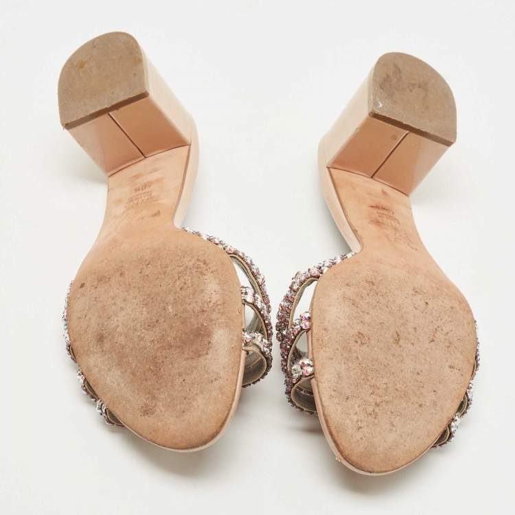 Pre Owned Gina Beige Crystals Embellished Leather Loren Slides Size 40.5